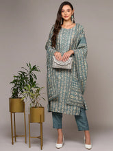 Women Grey Silk Blend Printed Straight Suit Set PKSKD2001